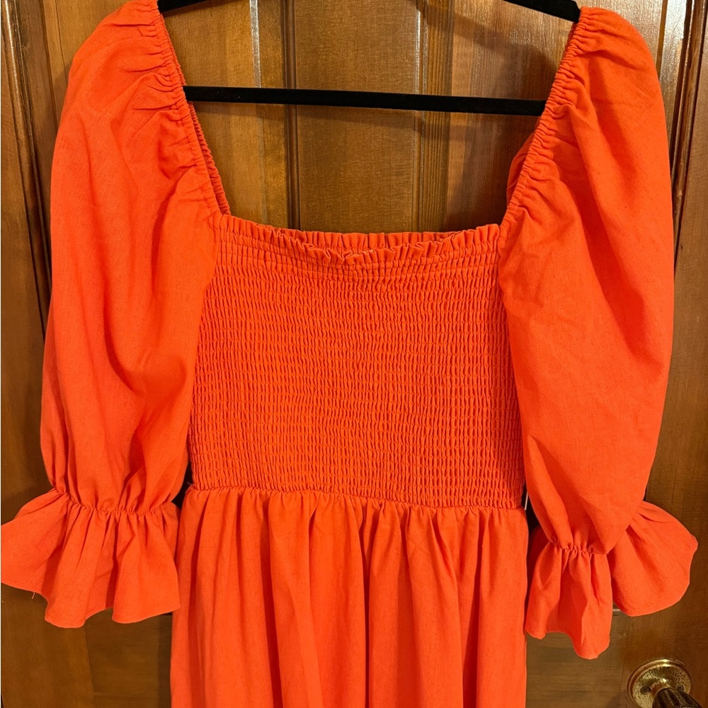 Aura Orange Midi Dress with Smocked Bodice and Puff Sleeves - Picture 4 of 4